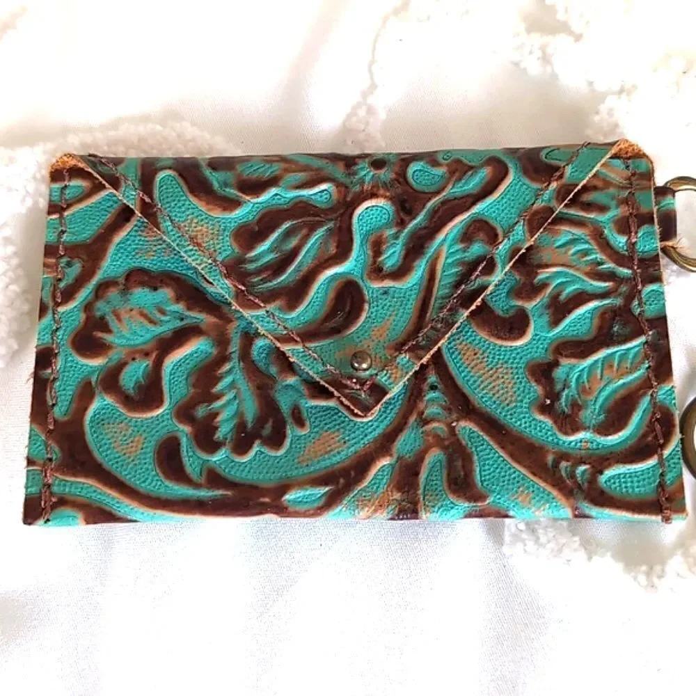 Turquoise and Brown Leather Tooled Artisan Keychain/C Card Money /Mini Wallet